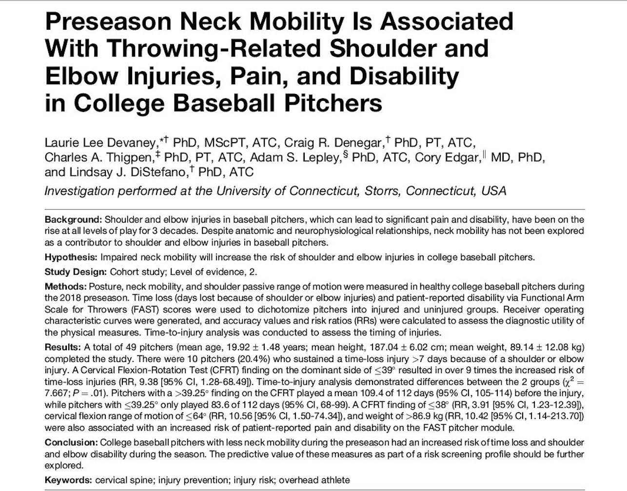 Baseball Pitcher's Neck Mobility associated with Shoulder and Elbow Injury