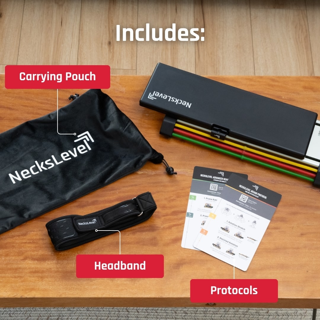 Everything in the NecksLevel Glide box: Glide, carrying pouch, MaxGrip headband, rehab protocols