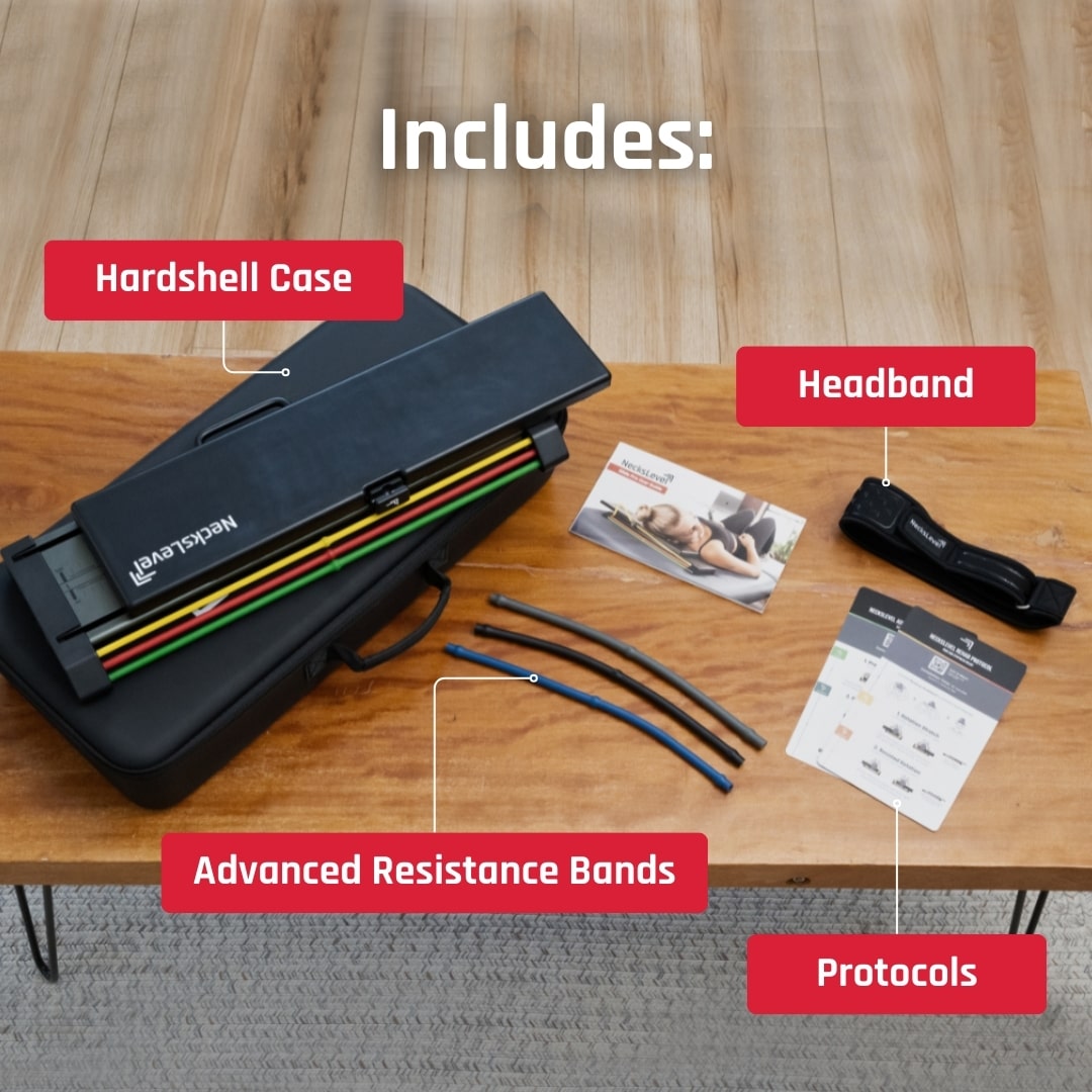 Everything in the NecksLevel Glide Pro box: Glide Pro, hardshell case, standard and advanced resistance bands, MaxGrip headband, rehab protocols