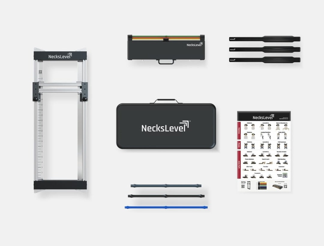 Everything in the NecksLevel Pro Clinic Bundle: Wall Mount, Glide Pro, 3 headbands, hard shell case, exercise poster, all resistance bands